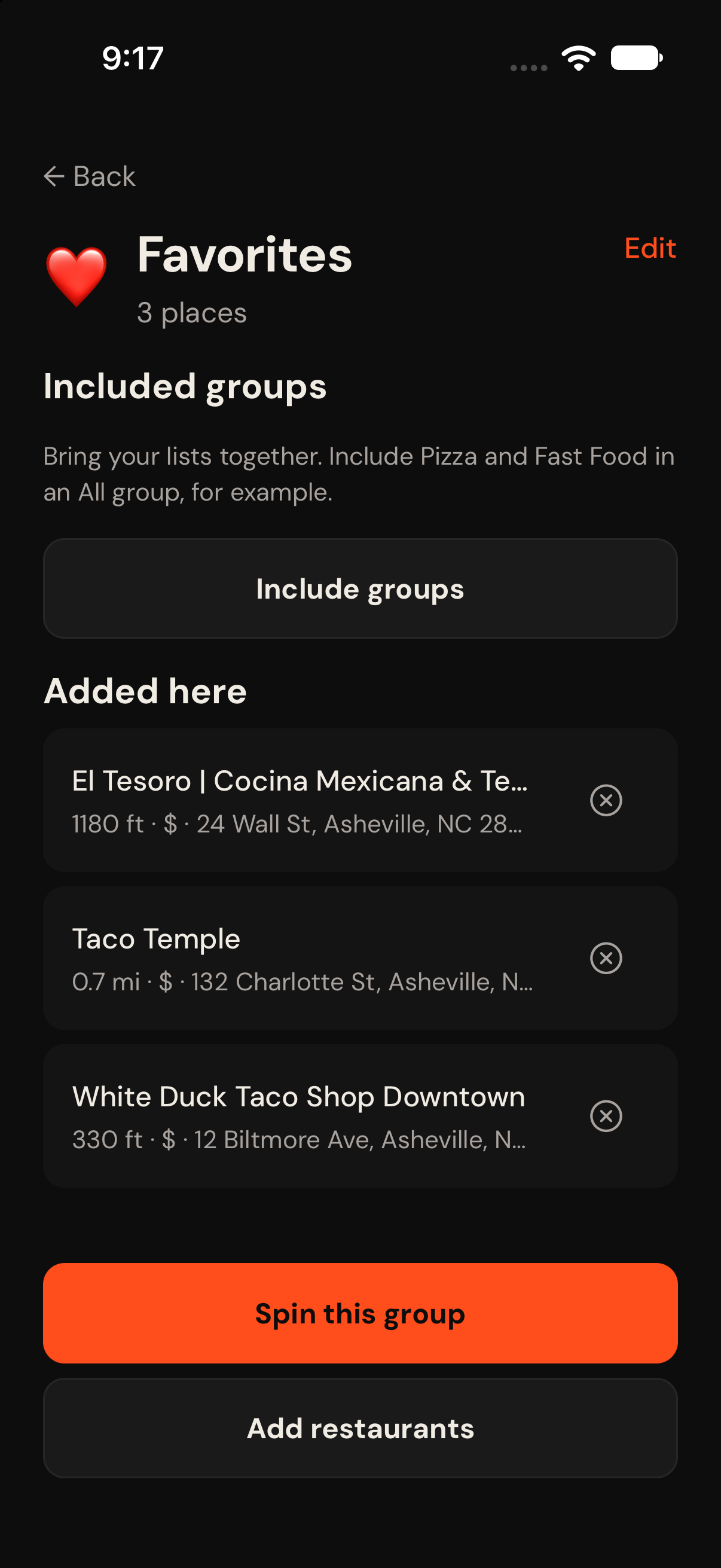 Get Forked restaurant groups screen for saving go-to places