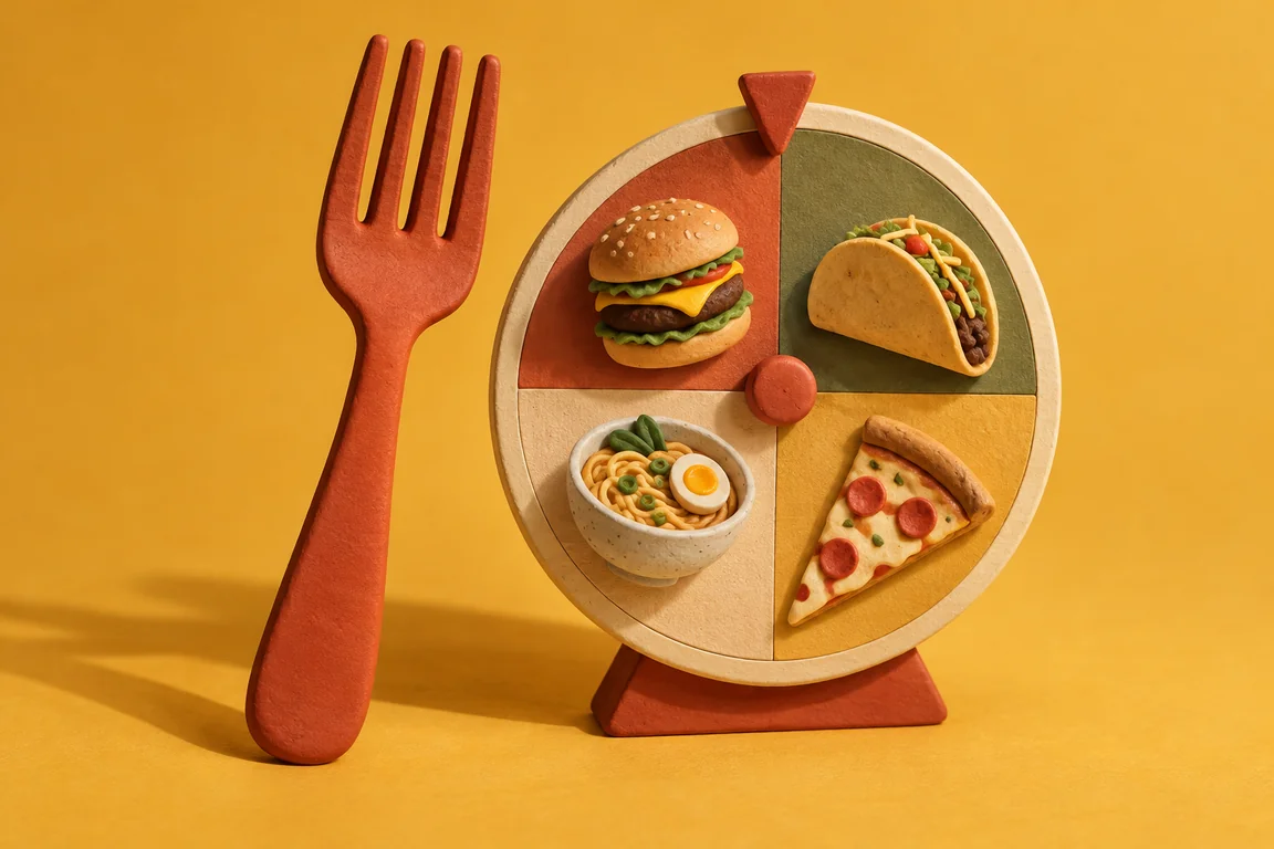 A handmade food wheel with a burger, taco, ramen, pizza and an oversized terracotta fork